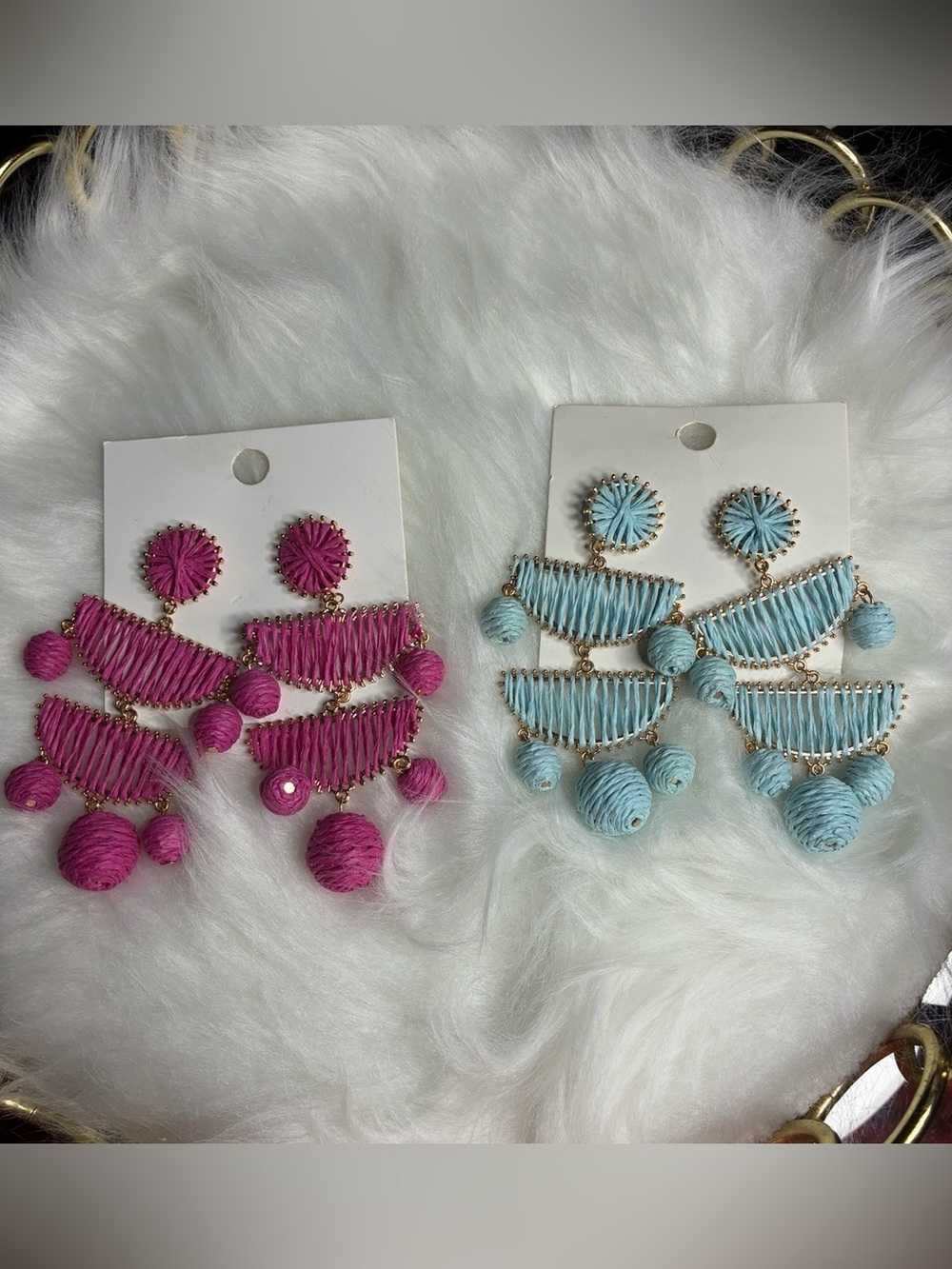 Boho Tassel Drop Earrings - Pink and Light Blue